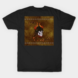Awesome viking skull with helmet, viking ship and flame T-Shirt